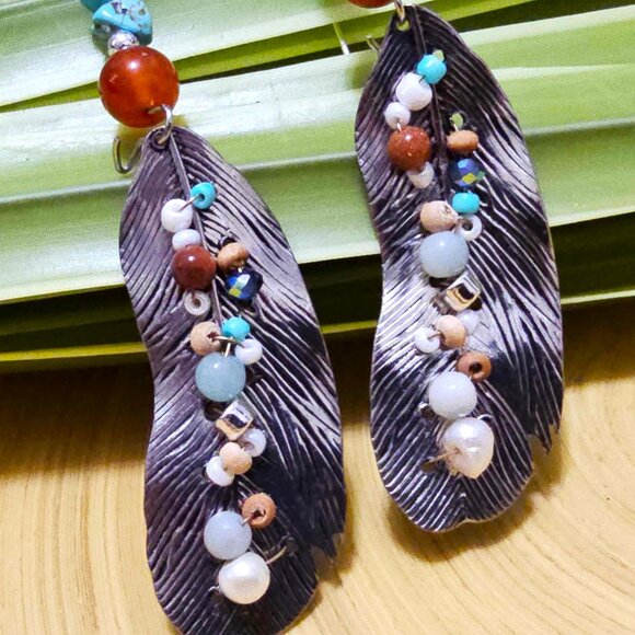 Artisan Earrings Southwestern Silver Feathers Turquoise Carnelian Multi Beaded - Picture 7 of 10